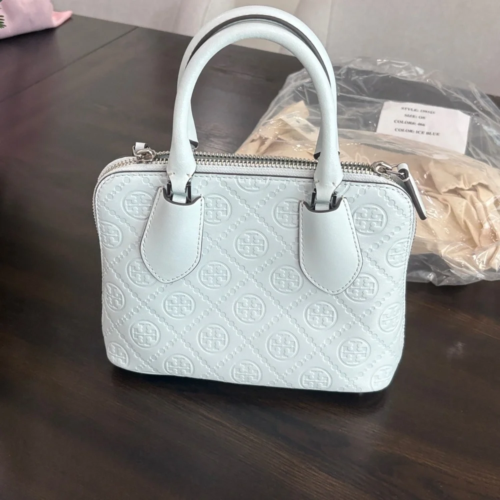 Tory Burch Pale Blue Embossed Leather Satchel - Picture 3 of 7